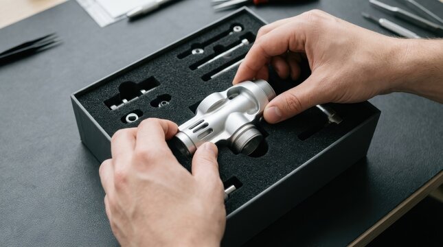 Precision part being placed into custom foam packaging by hands, showcasing intricate detail and careful handling
