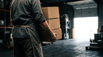 Fototapeta premium Man carrying stacked cardboard boxes in a warehouse, representing logistics and delivery services