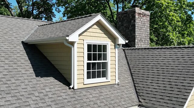 Detailed view of a house roof with a dormer window and chimney.