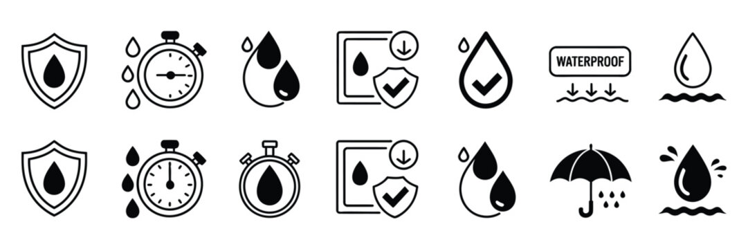 Waterproof icon set containing water resistant protection hydrophobic fabric and waterproof material symbols vector illustration concept design.