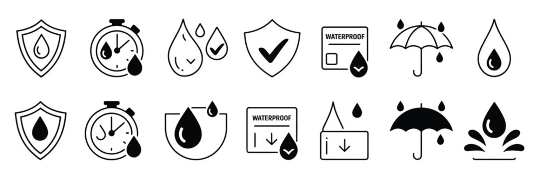 Waterproof icon set containing water resistant protection hydrophobic fabric and waterproof material symbols vector illustration concept design.