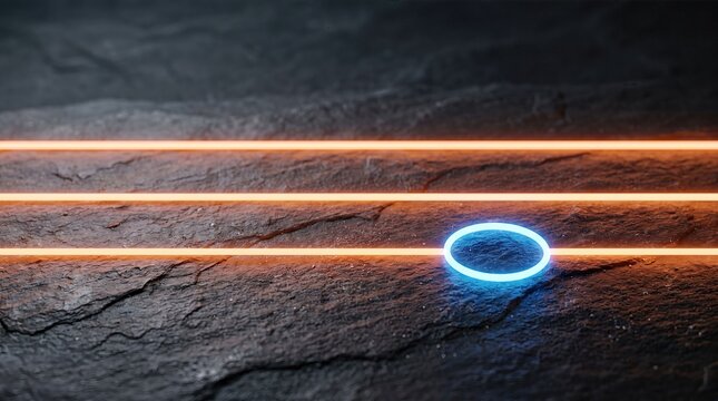 Neon glowing lines and circle on textured dark slate surface