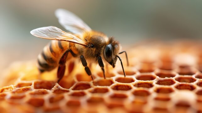 Detailed macro view of a fuzzy worker bee exploring the intricate hexagonal cells of its hive