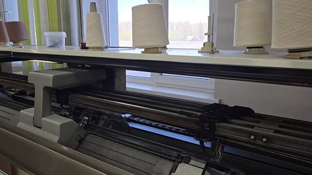 Automatic knitting machine in operation in knitwear workshop at factory