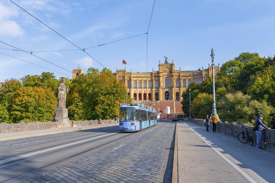 Tramway on the Maximiliansbr&uuml;cke, Maximilianeum in autumn, Munich, Bavaria, Germany