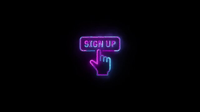 Neon glowing Sign up button video animation on black background. Neon Hand Cursor Clicking sign up button animation. Click button business concept. Neon glowing Finger cursor animation.