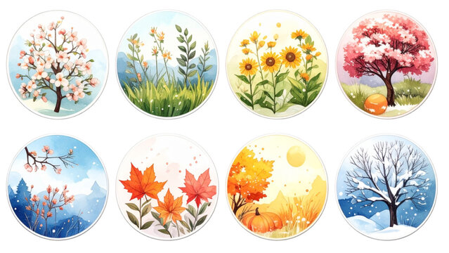 Illustrations depicting seasonal changes and natural cycles in a hand-drawn style