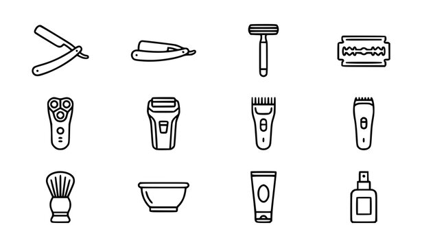 Shaving razor icon set featuring manual razors electric shavers grooming tools barber equipment hair removal blades and men personal care symbols
