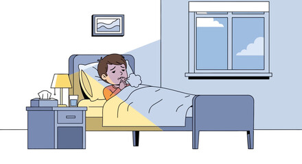 Fototapeta premium A Sick Child with A Cold Lying in Bed Alone at Night Suffering with Cough