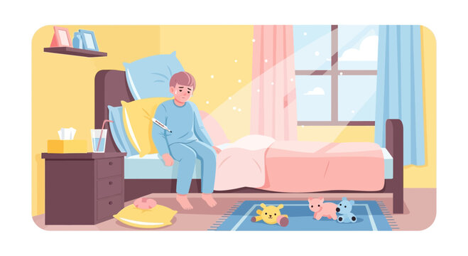 A Sick Child Surrounded By Comfort, Comfort, Suffering, and Illness in His Room.