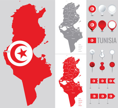 Detailed vector map of Tunisia with flag, globe, and icons on white background, showing administrative divisions into wilaya in the national flag colors and the borders of north african countries
