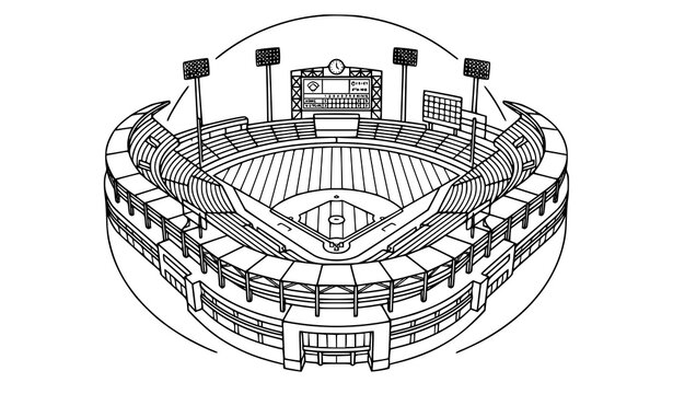Baseball icon set featuring stadium arenas player silhouettes bats balls gloves catcher masks scoreboards and professional sports league equipment symbols