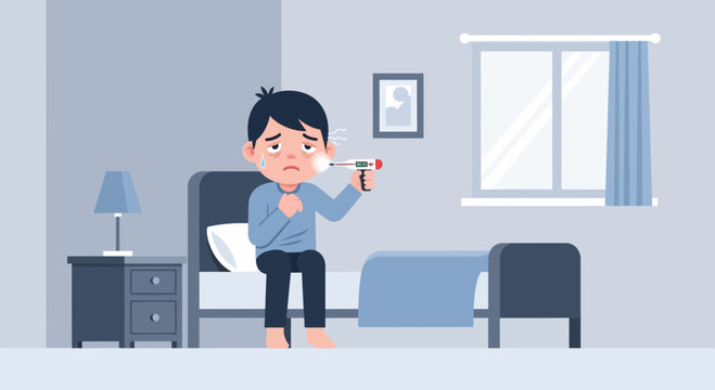 A Sick Individual Checking Temperature In Bedroom, Experiencing Symptoms Of Illness