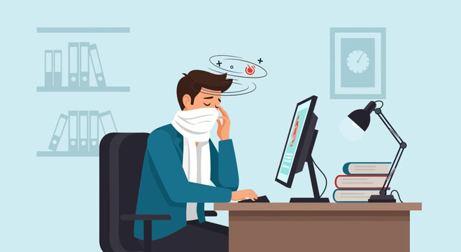 A Sick Individual Working From Home Experiencing Illness Symptoms While On The Computer