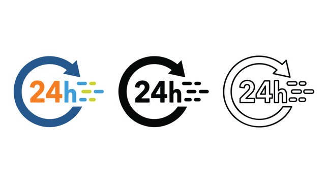 Twenty four hours service icon set showing 24h cycle with speed lines and rotating arrows.