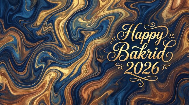 Blue and gold liquid paint swirl with happy bakrid 2026 golden calligraphy greeting text
