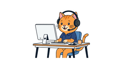 Fototapeta premium Cartoon cat wearing headset and working on a computer at a desk