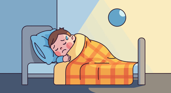 A Sick Child Snuggled Under a Blanket in Bed, Depicting Illness and Discomfort