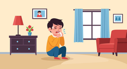 Fototapeta premium A Sick Person Blowing Their Nose In A Living Room Feeling Unwell With A Cold Or Flu