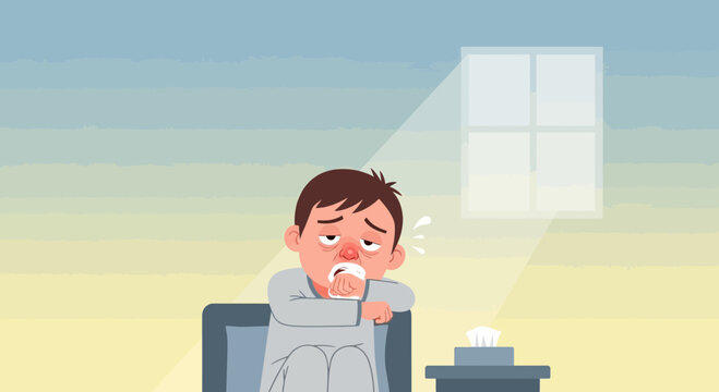 A Sick Person Blowing Their Nose In A Room With A Window Shows Discomfort and Illness