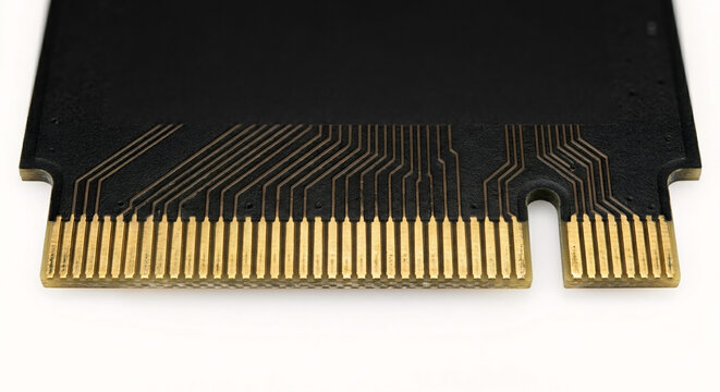 Extreme macro of gold contact pins on a generic M.2 NVMe solid-state drive against a white background.