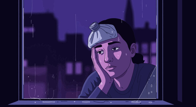 A Sick Person Gazes Out Of A Rainy Window In A Dark Purple Illustration