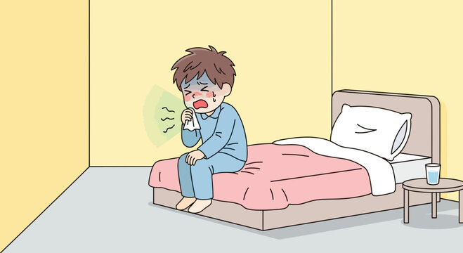 A Sick Person Illustration Sitting on a Bed, Coughing and Suffering From a cold, Artistic Creation