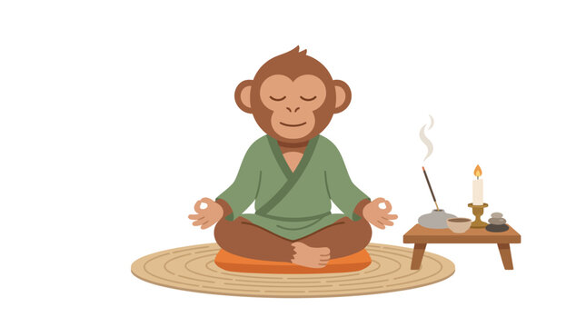 Serene Monkey Meditating in a Tranquil Setting with Incense and Candle for Mindfulness and Inner Peace, Embodying a Calm and Balanced Lifestyle