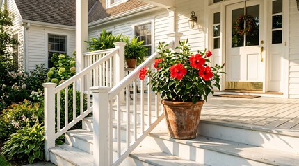 Fototapeta premium Clean white wooden front porch stairs feature a large rustic terracotta pot holding a vibrant blooming red hibiscus plant in warm sunlight.