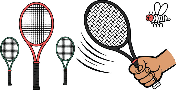 Electronic fly swatter racket vector set featuring hand holding bug zapper with cartoon flies isolated on white background for cleaning.