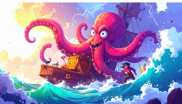 2D cartoon giant octopus battling pirates on a sinking ship, tentacles tangled around mast, treasure chest falling, colorful stormy sea, playful exaggerated expressions, isolated on white background