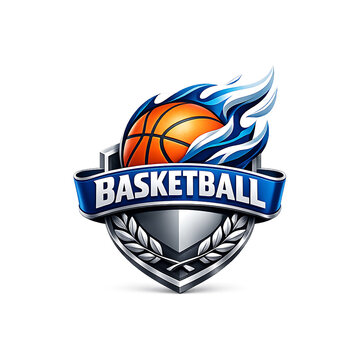 Basketball logo with flames and shield isolated on transparent background