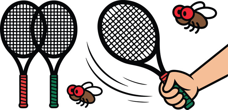 Electronic fly swatter racket vector set featuring hand holding bug zapper with cartoon flies isolated on white background for cleaning.