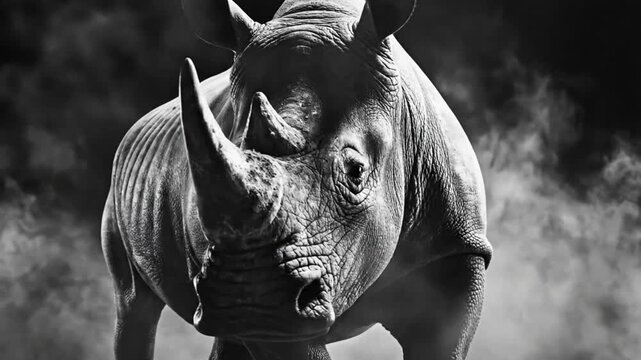 Dramatic black and white close-up of a rhinoceros with detailed textures, showcasing its imposing presence