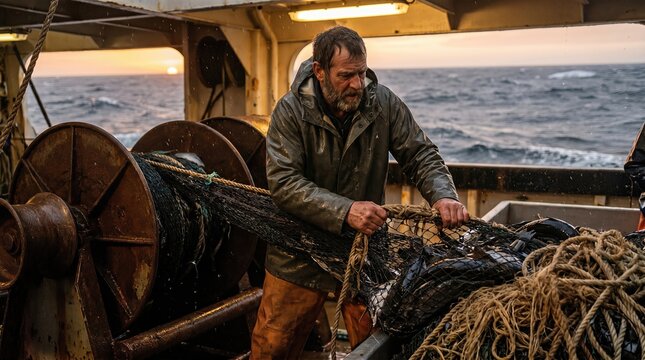 Fisherman handling gear on boat deck at sunset over the sea