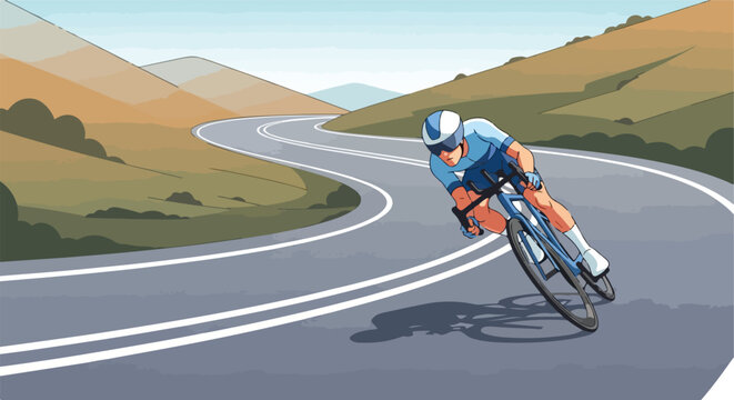 Cyclist in blue uniform on a winding mountain road, leaning into a sharp turn