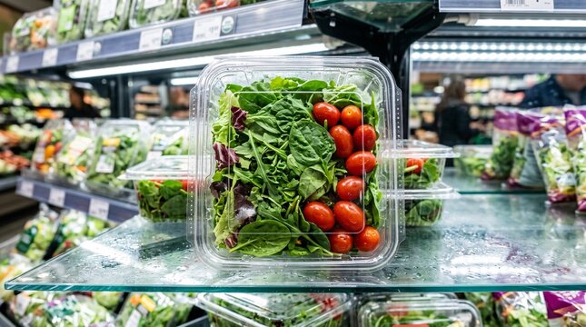 Clear plastic container packed with mixed greens and bright red cherry tomatoes sits on a lit refrigerated grocery store display storage shelf.