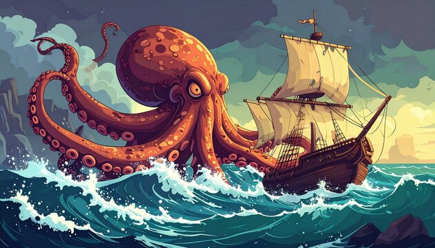  A cartoon illustration of a battle between a giant octopus and a pirate ship in a sea landscape, with the monster sinking the corsair boat amidst waves, a perilous ancient kraken and a broken ship