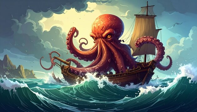  A cartoon illustration of a battle between a giant octopus and a pirate ship in a sea landscape, with the monster sinking the corsair boat amidst waves, a perilous ancient kraken and a broken ship