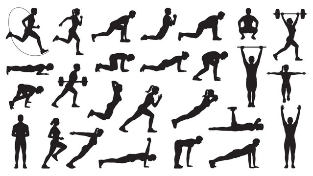 Collection of black and white exercise and fitness activity silhouettes