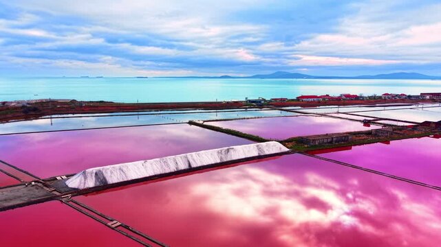Vibrant pink salt crystallization ponds with a large white mound of harvested salt on a dike and sea in background. Salt pans with white salt pile near sea coast.