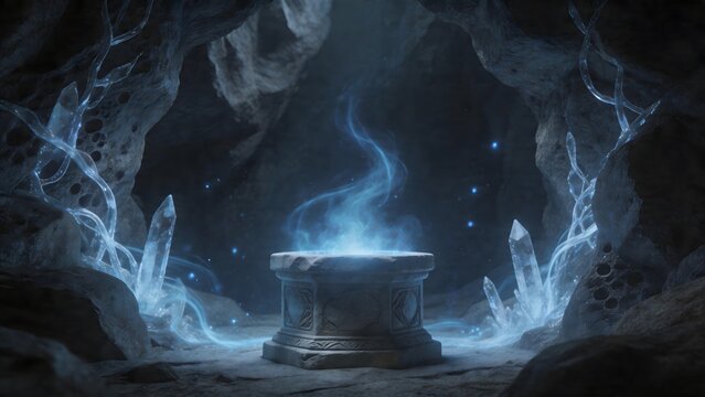 Mystical cave with glowing pedestal
