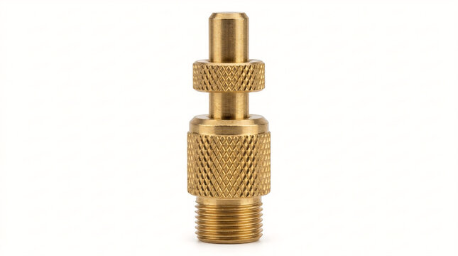 Macro of a solid brass tire deflator valve featuring deep diamond-knurling, isolated on a white background.