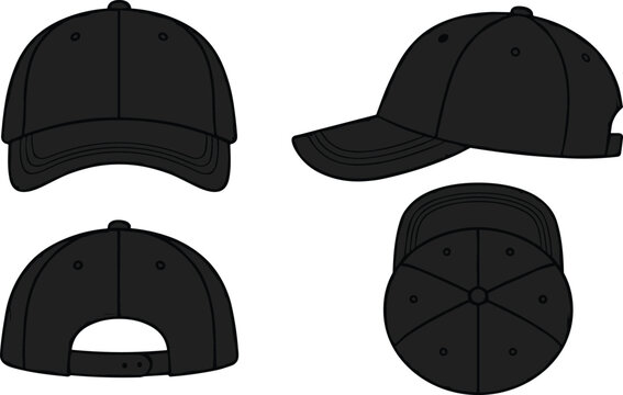 Black baseball cap mockup collection with front, side, back and top views, vector illustration set