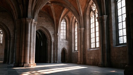 Obraz premium Timeless gothic church hall with soaring arches, pillars, and sunlight streaming through windows