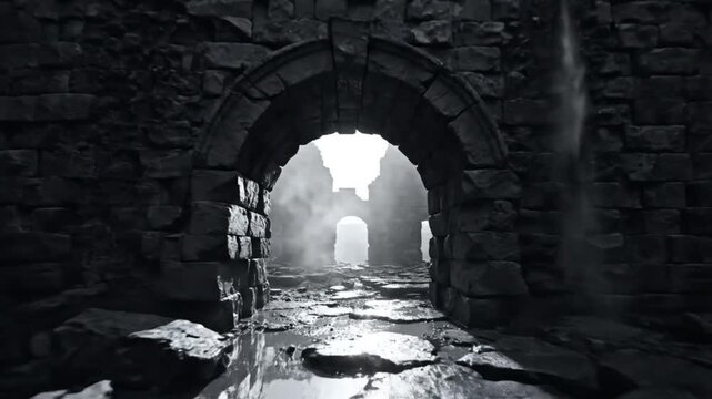 Ancient stone fortress ruin with arches, sunlight, and debris, a cinematic interior perspective.