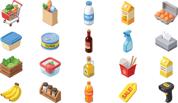 Isometric Grocery and Food Illustration Set with Shopping Cart, Milk, Fruits, Vegetables, Bottles, and Food Packaging for Retail and Supermarket Designs