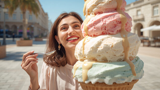 巨大なアイスクリームを小さなスプーンで食べる中東の40代女性の笑顔