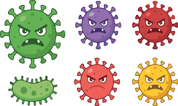 Cartoon virus and bacteria character collection with angry germ mascots, medical vector illustration set