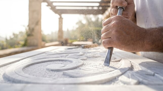 Man carving stone plaque with tool outdoors in bright daylight